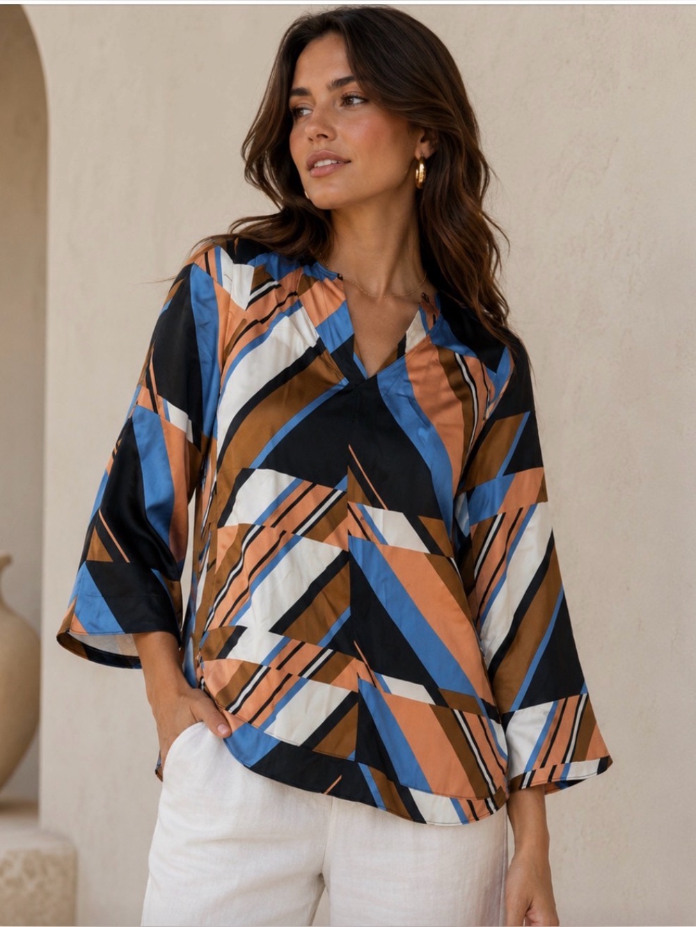 * Massimo Dutti Geometric V-Neck Tunic Blouse Size 4